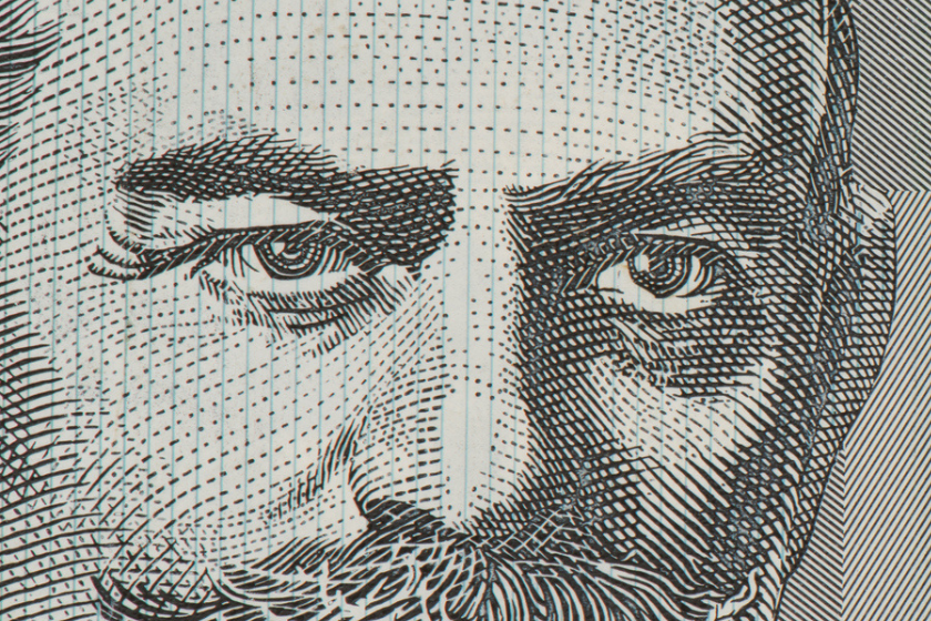 Extreme closeup of Sir John's face on the Australian 100 dollar note