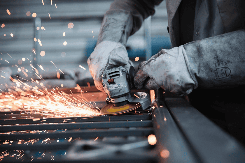 A steel worker cuts a sheet of metal